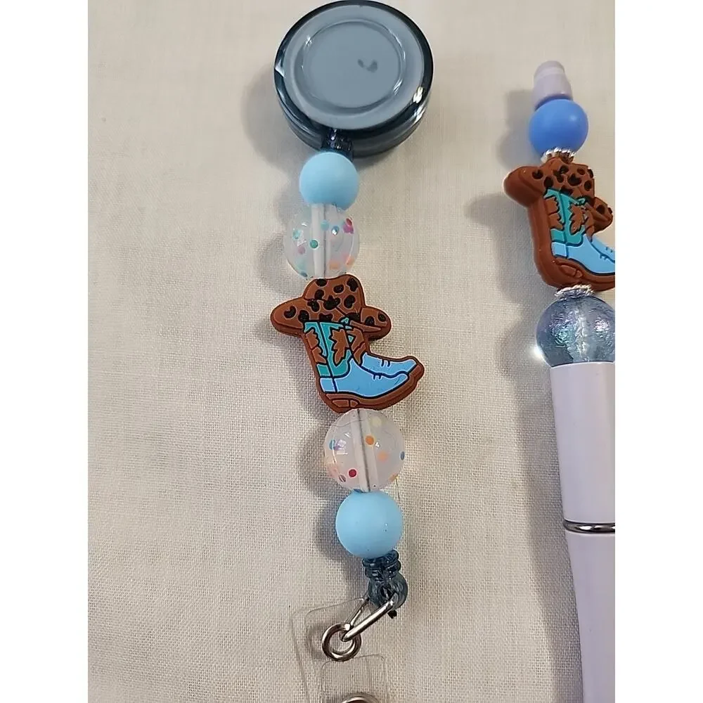 Bead Pen & Badge Reel Combo Blue & Brown Cowgirl Boot